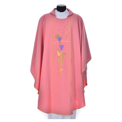 Pink chasuble in 100% polyester, Chi-Rho ears of wheat, grapes 1