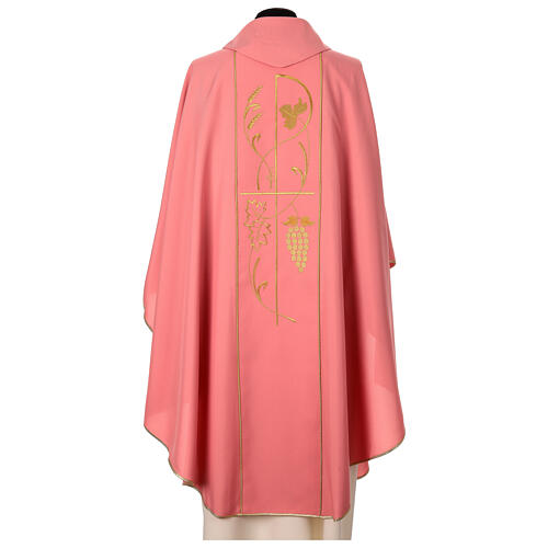 Pink chasuble in 100% polyester, Chi-Rho ears of wheat, grapes 4