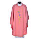 Pink chasuble in 100% polyester, Chi-Rho ears of wheat, grapes s1
