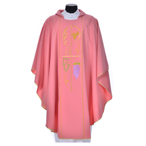 Pink chasuble in 100% polyester, ears of wheat, grapes 1