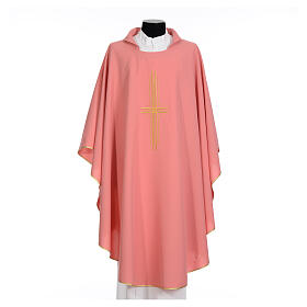Pink chasuble, 100% polyester, golden cross