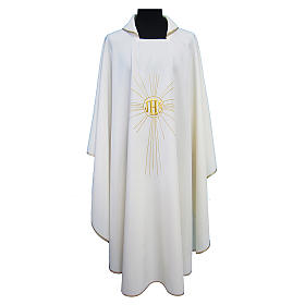 Messgewänder: Kasel aus Krepp Polyesetr mit Strahlen und IHS Symbol