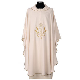 Chasuble of super light fabric with embroidery of chalice, grapes and ears of wheat front and back