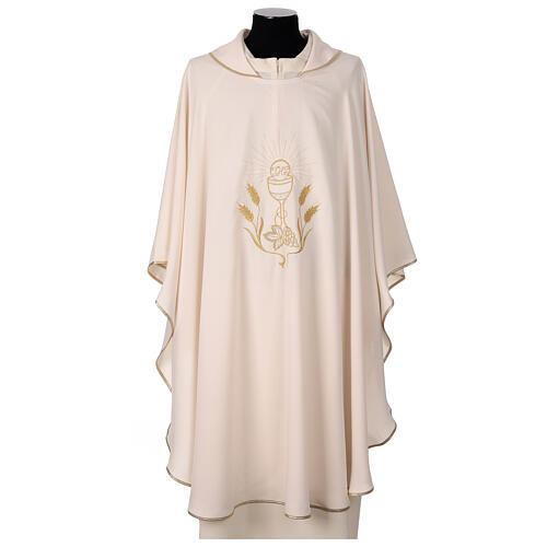 Chasuble of super light fabric with embroidery of chalice, grapes and ears of wheat front and back 1