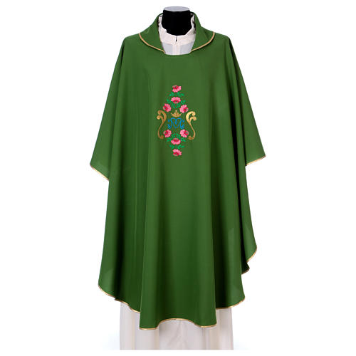 Chasuble mariale broderie roses avant arrière tissu Vatican 100% polyester 1