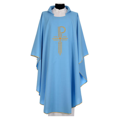 Blue chasuble in shiny polyester with Chi-Rho 1