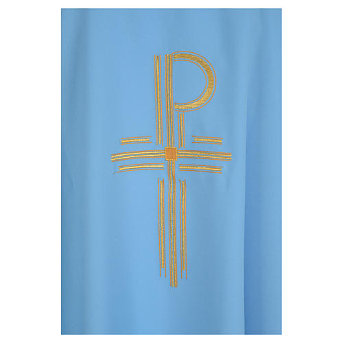Blue chasuble in shiny polyester with Chi-Rho 3