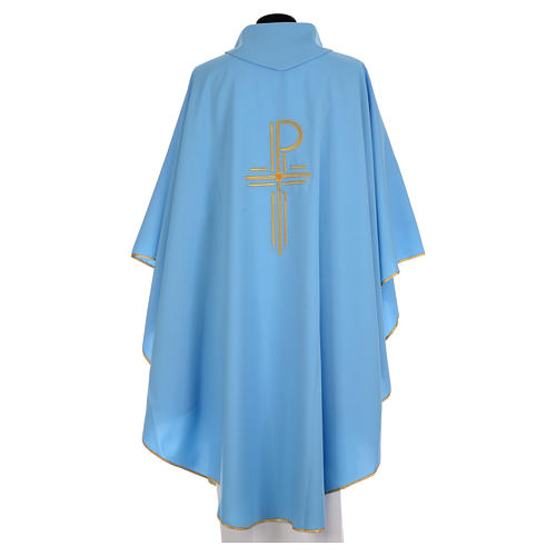 Blue Chi-Rho Chasuble in shiny polyester 2