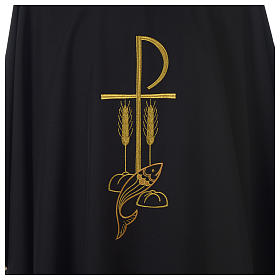 Chasuble in polyester Chi-Rho bread and fish, black