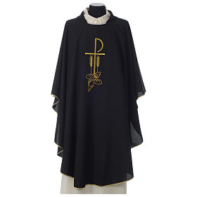 Black Chasuble with Chi-Rho bread and fish in polyester