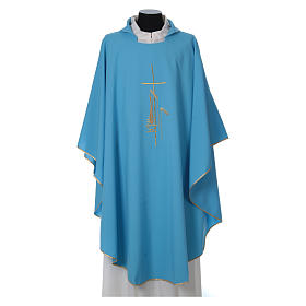 Chasuble in polyester wheat lantern and thin cross, light blue