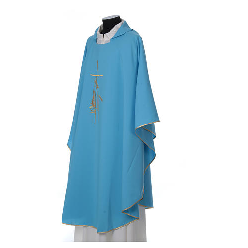 Chasuble in polyester wheat lantern and thin cross, light blue 3