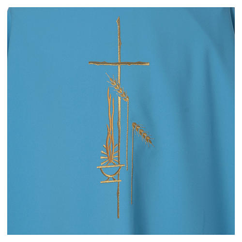 Chasuble in polyester wheat lantern and thin cross, light blue 4