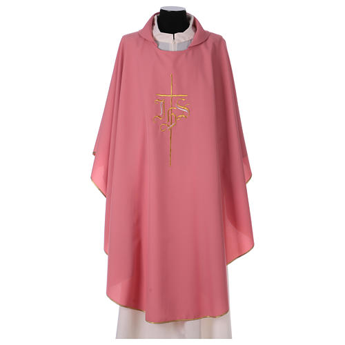 Chasuble in polyester IHS and cross, rose 1