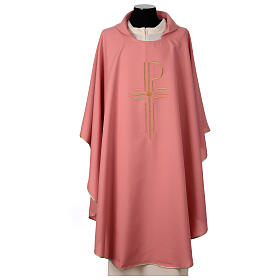 Pink chasuble, shiny polyester, Chi-Rho