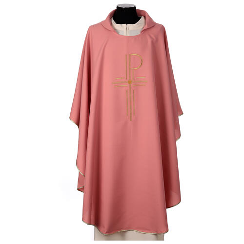 Pink chasuble, shiny polyester, Chi-Rho 1