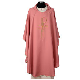 Chasuble rose 100% polyester brillant Chi-Rho