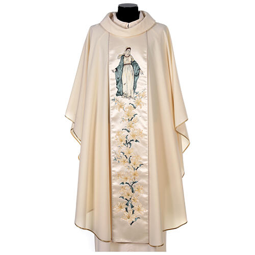 Chasuble sacerdotale 100% pure laine naturelle fleurs Vierge 1