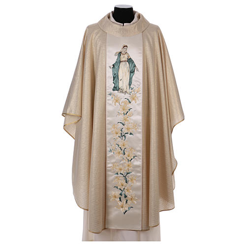 Chasuble Mary and flowers 93% wool, golden 1