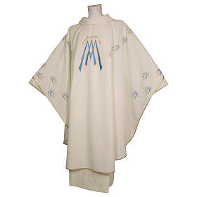 White Chasuble with Marian symbol embroidery in polyester