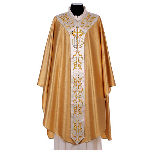 Gold Priest Chasuble in wool and lurex IHS and cross 1