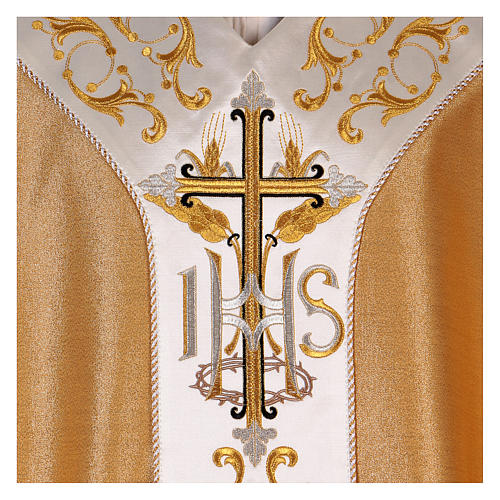 Gold Priest Chasuble in wool and lurex IHS and cross 2