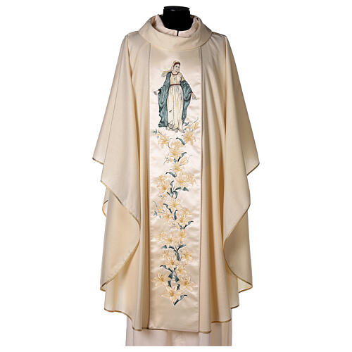 Chasuble in wool and lurex Madonna and flowers 1