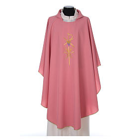 Casulla sacerdotal 100% poliéster con espigas cruz uva rosa