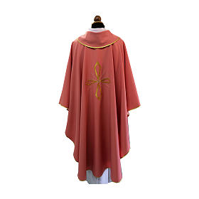 Chasuble with embroidered cross and shiny precious stones pink colour