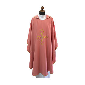 Pink Priest Chasuble with embroidered cross and shiny precious stones