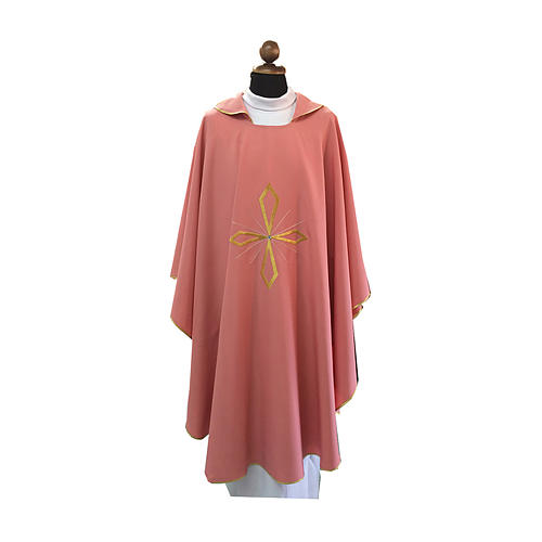 Pink Priest Chasuble with embroidered cross and shiny precious stones 1