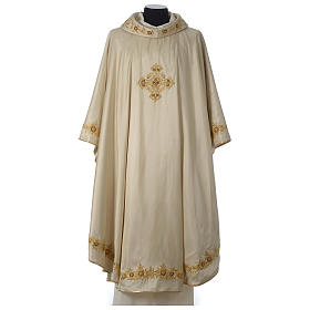 100% Silk Chasuble with hand-embroidered cross and flowers around edges and collar Gamma