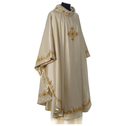100% Silk Chasuble with hand-embroidered cross and flowers around edges and collar Gamma 4