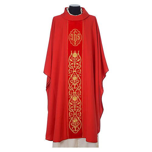 Chasuble in wool with velvet IHS symbol and embroidery 4