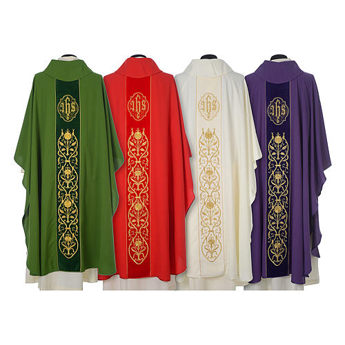 Wool chasuble with IHS floral decorations on velvet galloon 2