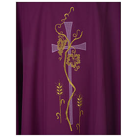 Chasuble in polyester with cross, grapes and wheat decoration, purple Gamma