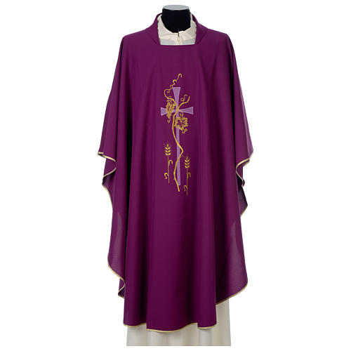 Chasuble in polyester with cross, grapes and wheat decoration, purple Gamma 1