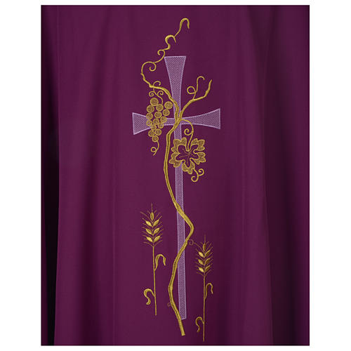 Chasuble in polyester with cross, grapes and wheat decoration, purple Gamma 2