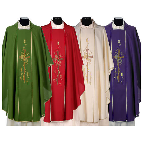 Latin Chasuble in polyester with machine-embroidered cross and wheat Gamma 1