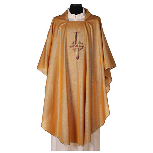Chasuble in polyester with machine-embroidered cross on the front, gold Gamma 1