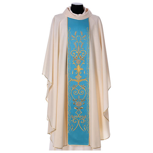 STOCK Ivory Chasuble in pure wool with light blue orphrey machine embroidered Gamma 1