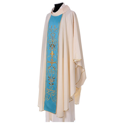 STOCK Ivory Chasuble in pure wool with light blue orphrey machine embroidered Gamma 3