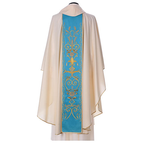 STOCK Ivory Chasuble in pure wool with light blue orphrey machine embroidered Gamma 5