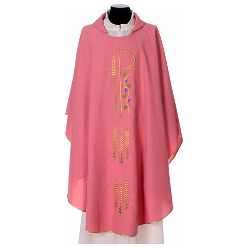 Pink chasuble, 100% polyester, Chi-Rho, spikes and grape branch 1