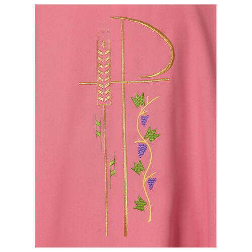 Pink chasuble, 100% polyester, Chi-Rho, spikes and grape branch 2
