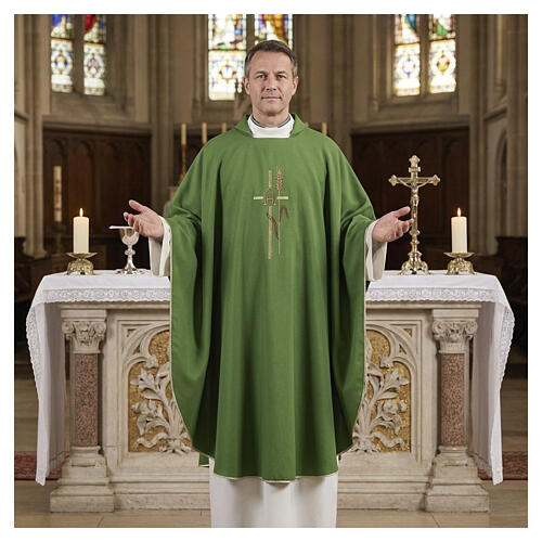 Chasuble 100% polyester croix alpha oméga avec épi de blé Gamma 2