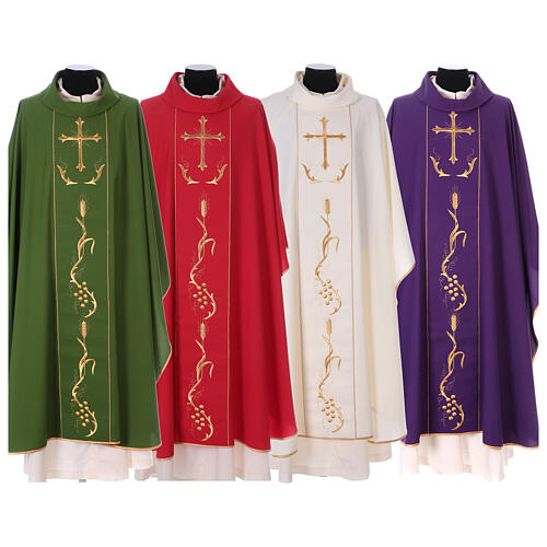 Chasuble in wool and polyester with cross and wheat design 1