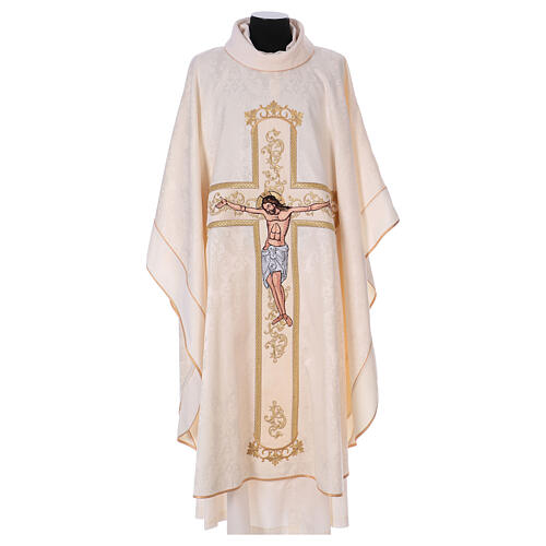 Liturgical chasuble of damask fabric with crucifix 7