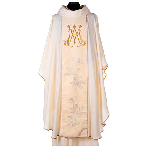 Casula marial cor de marfim lírios dourados monograma Maria 1