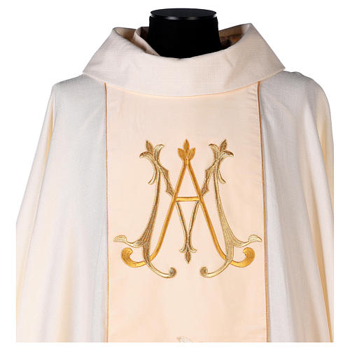 Casula marial cor de marfim lírios dourados monograma Maria 2